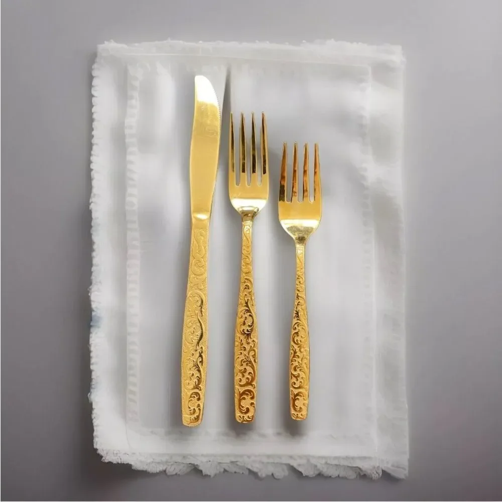 Americana Golden Heritage Golden Scroll 3 piece Flatware Set Dinner Fork& knife